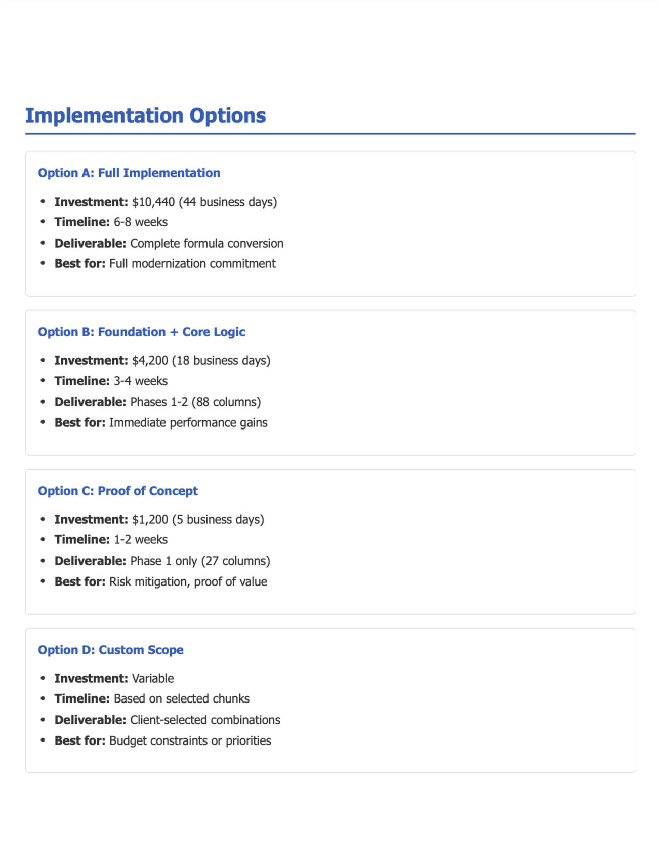 Implementation options — four scoped entry points from proof-of-concept to full build
